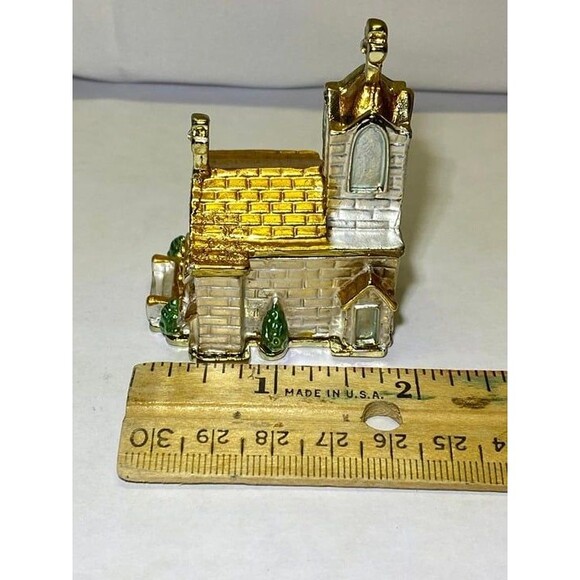 Church Trinket Box, Hinged Collectible, Frosted White Enamel Gold Tone, Crystals - Picture 2 of 6